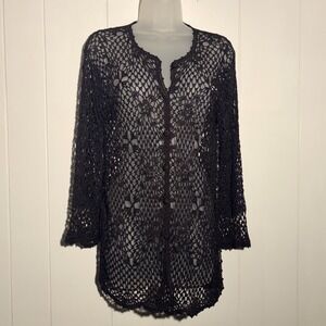 Y2K Vintage Brown Crochet Open Knit Cardigan Longline Button Front Medium Boho